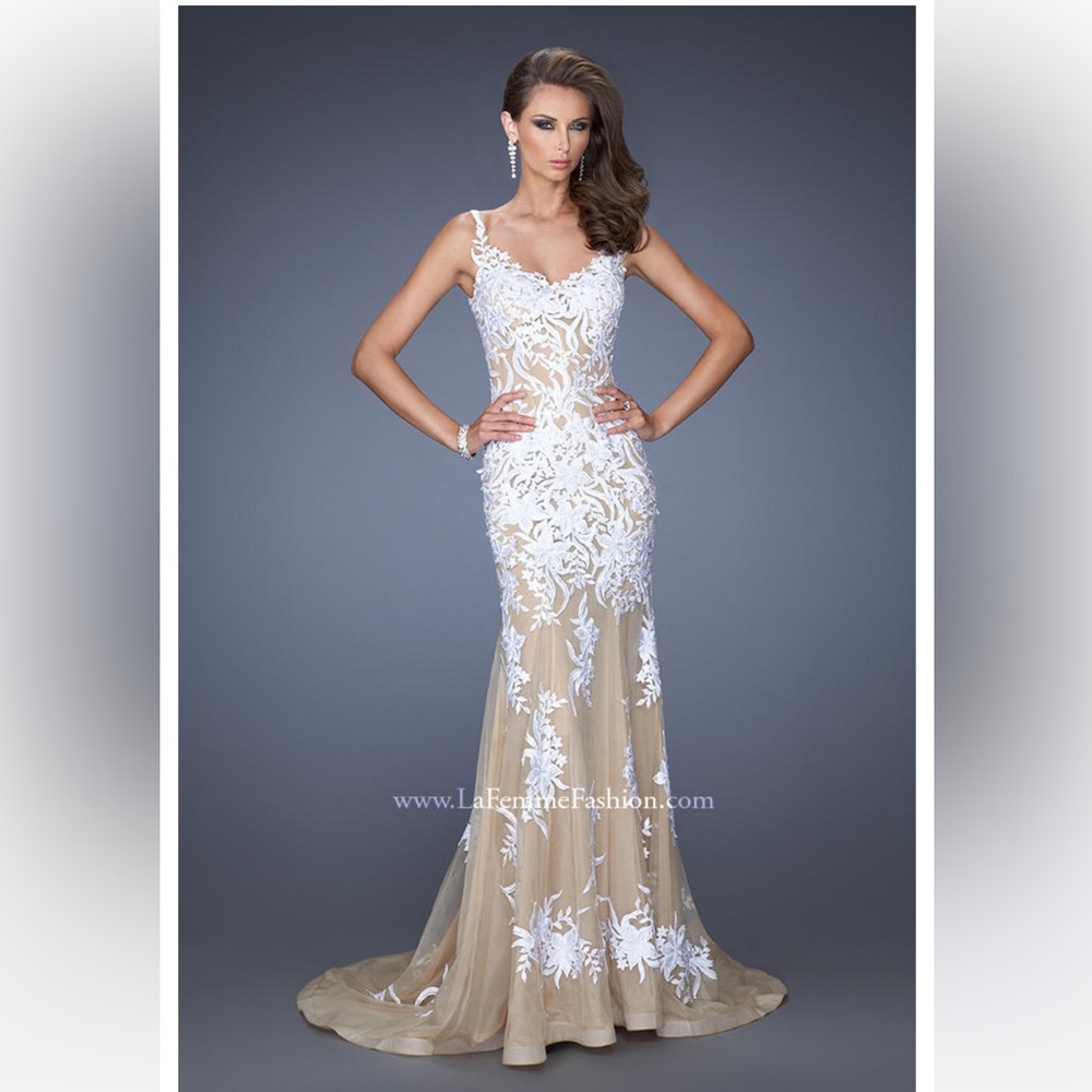 La Femme 19835 White and Tan Floral Lace Engagement, Prom, Special Celebration